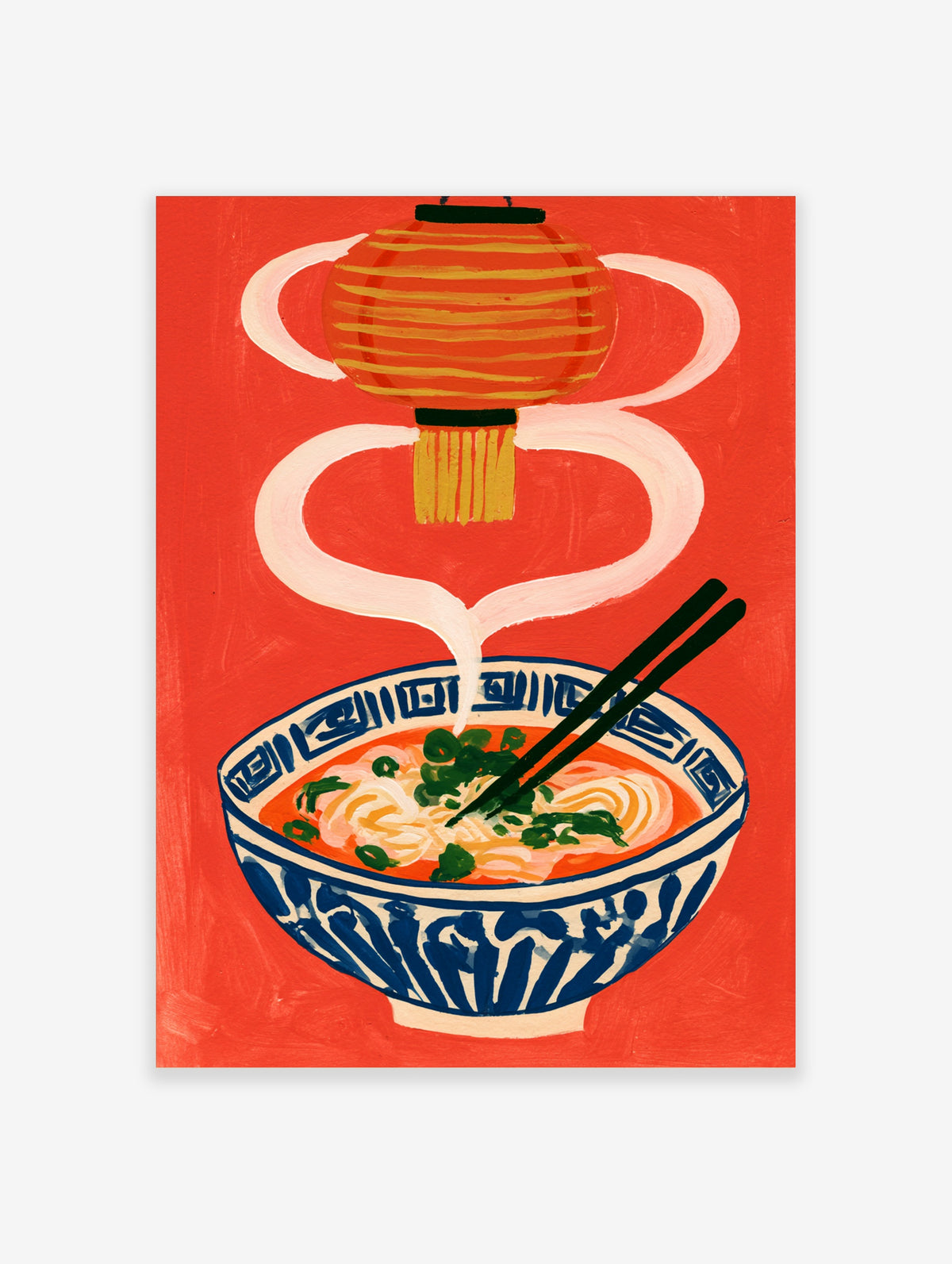 Ramen bowl illustration with a hanging lantern and chopsticks on a vibrant red background
