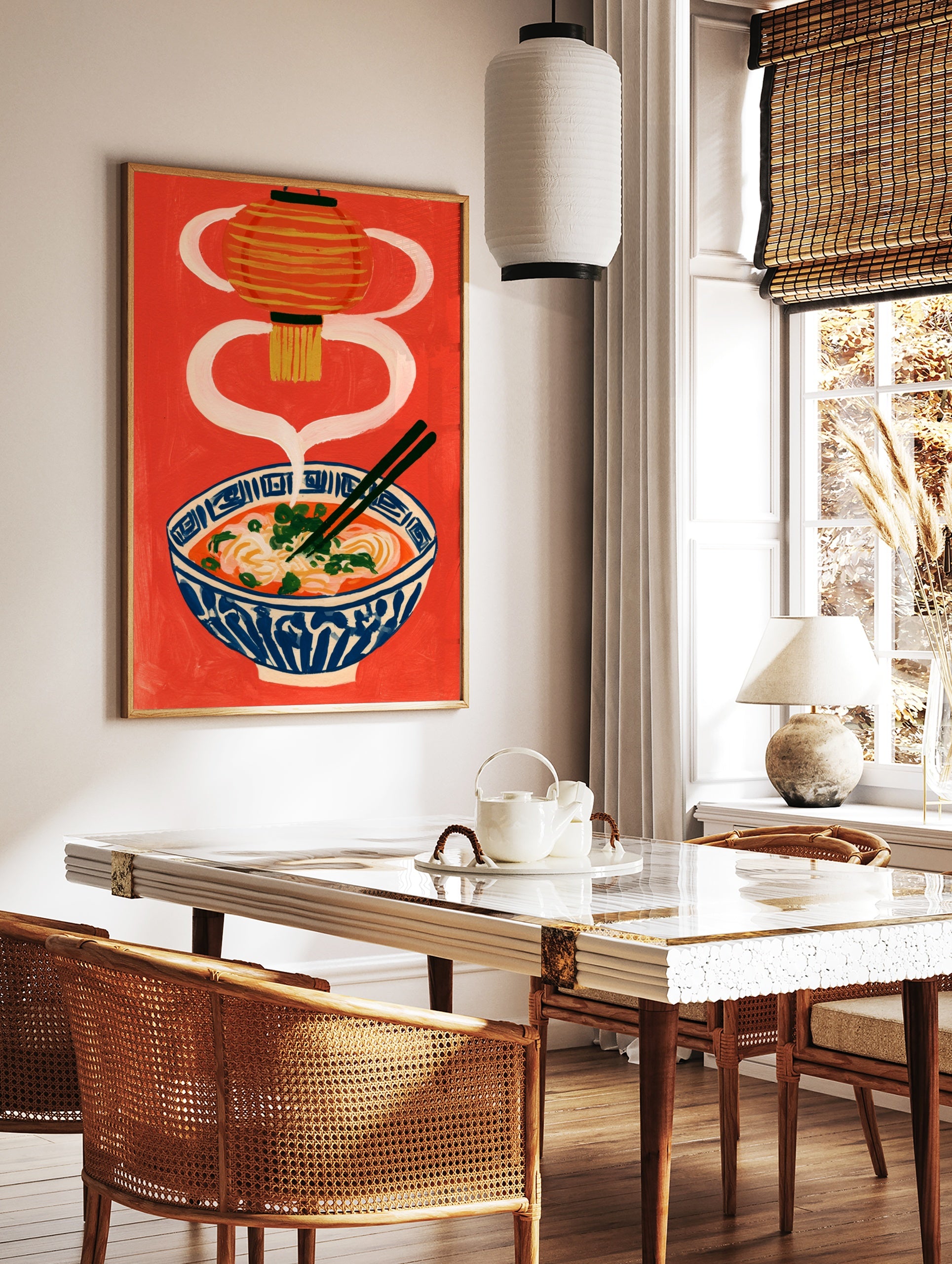 Ramen bowl illustration with a hanging lantern and chopsticks on a vibrant red background, in a styled room mockup