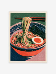 Ramen bowl art print with noodles, egg, and nori in a red bowl against a green background