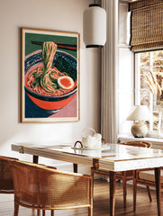Ramen bowl art print with noodles, egg, and nori in a red bowl against a green background, in a styled room mockup