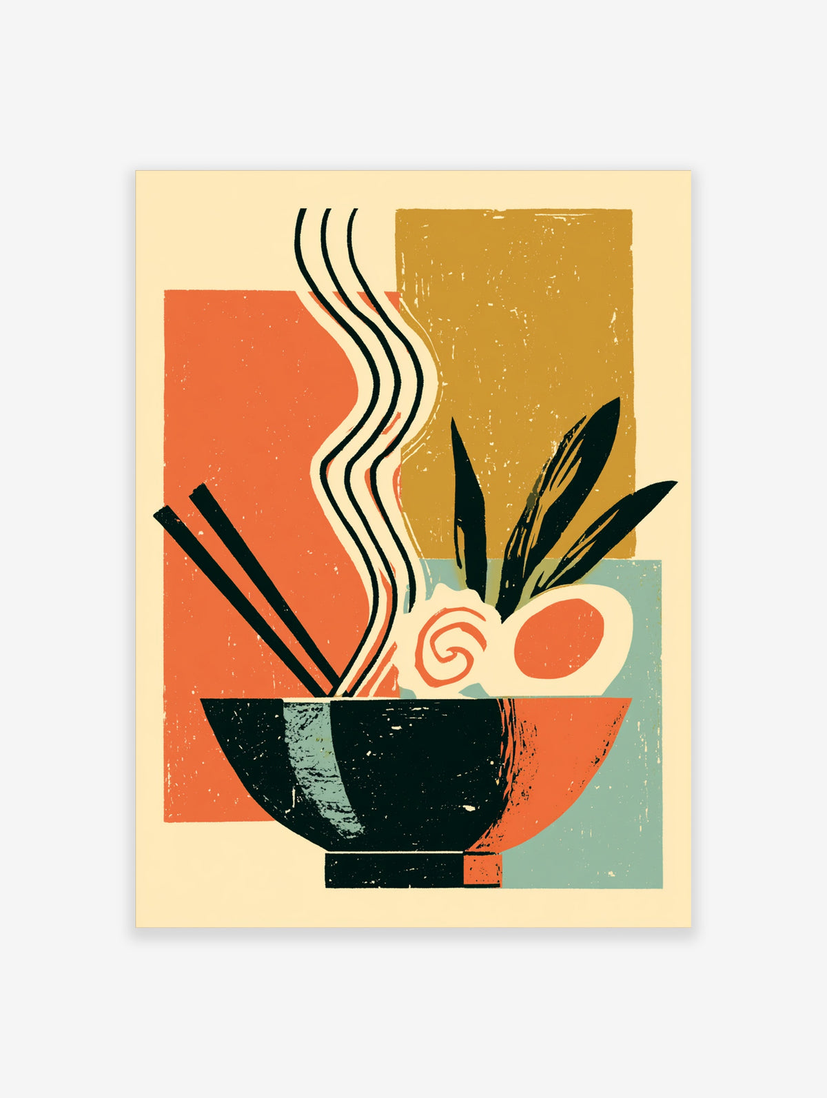 Retro ramen noodle bowl poster with chopsticks, egg, narutomaki and steam on orange, mustard and teal blocks