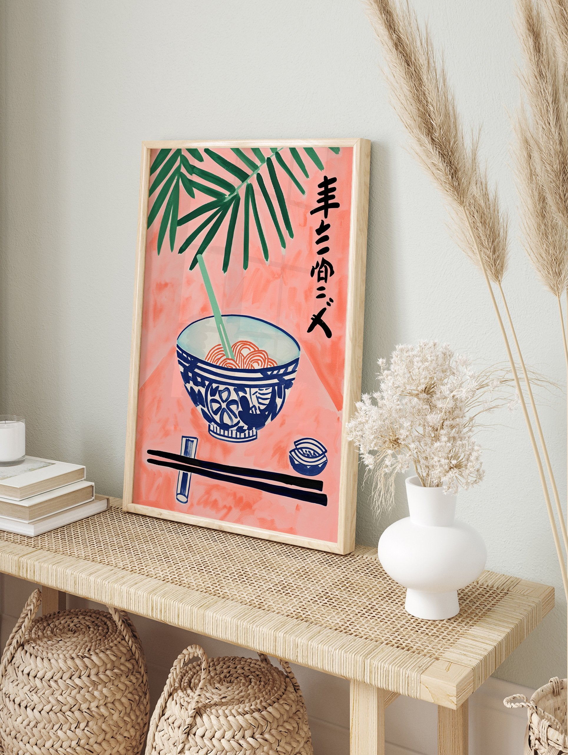 Poster of a stylized ramen noodle bowl with chopsticks, green palm leaves, and Asian calligraphy on a pink background. - Image 4