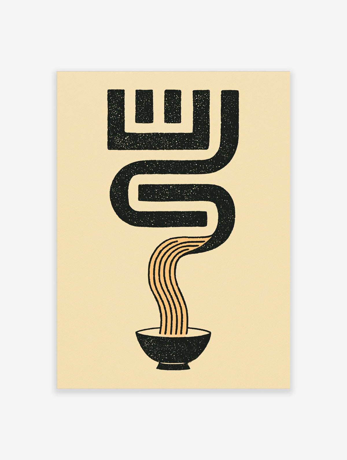 Ramen noodle poster with black geometric symbol and tan strands flowing into a bowl on cream background