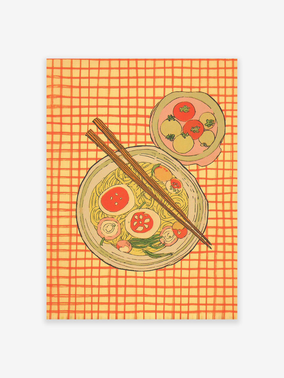 Illustrative ramen noodle bowl wall art with chopsticks, eggs, and vegetables on a yellow and orange checkered background.