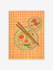 Illustrative ramen noodle bowl wall art with chopsticks, eggs, and vegetables on a yellow and orange checkered background.