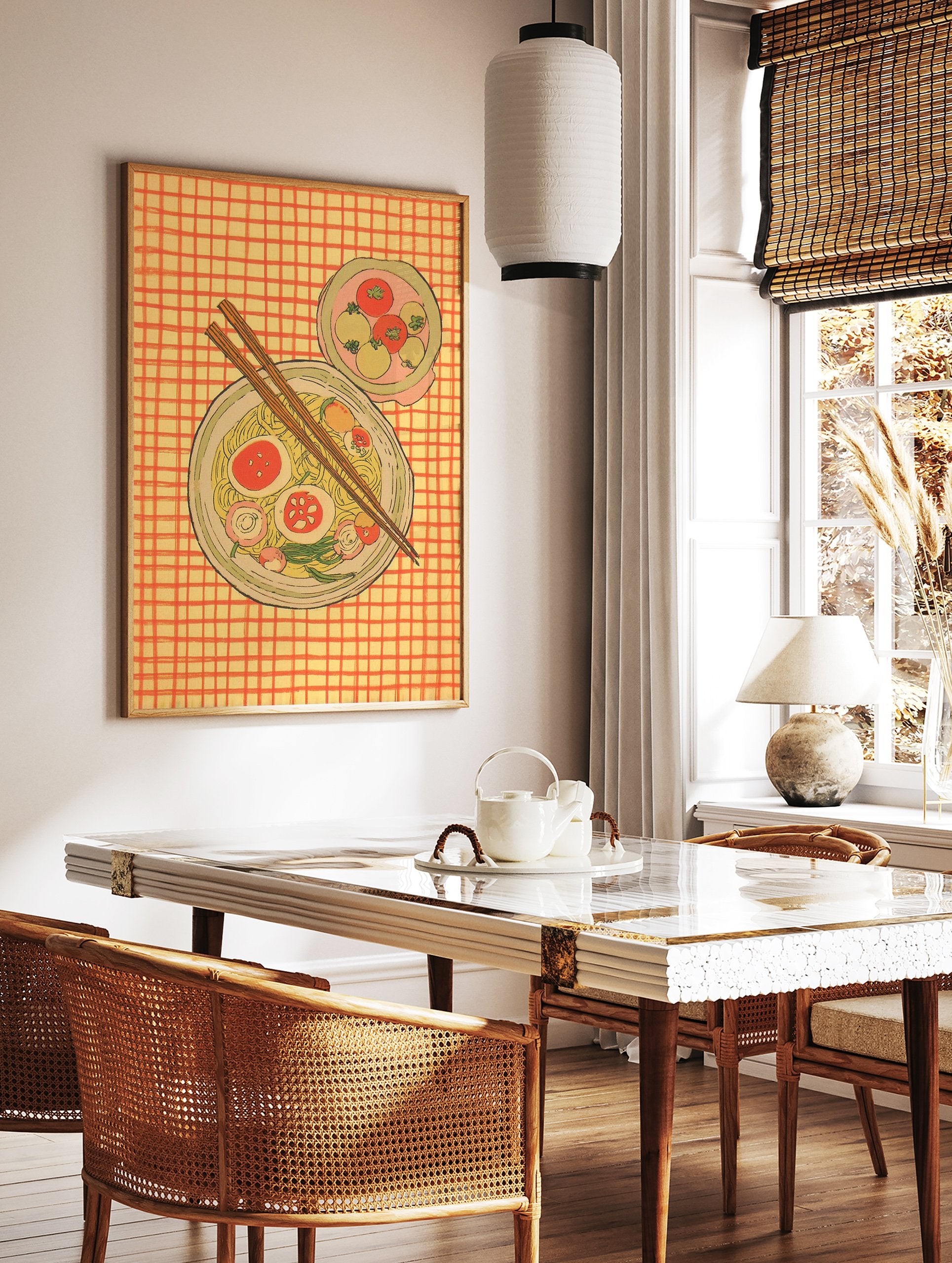 Illustrative ramen noodle bowl wall art with chopsticks, eggs, and vegetables on a yellow and orange checkered background. - Image 2
