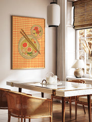 Illustrative ramen noodle bowl wall art with chopsticks, eggs, and vegetables on a yellow and orange checkered background. - Image 2