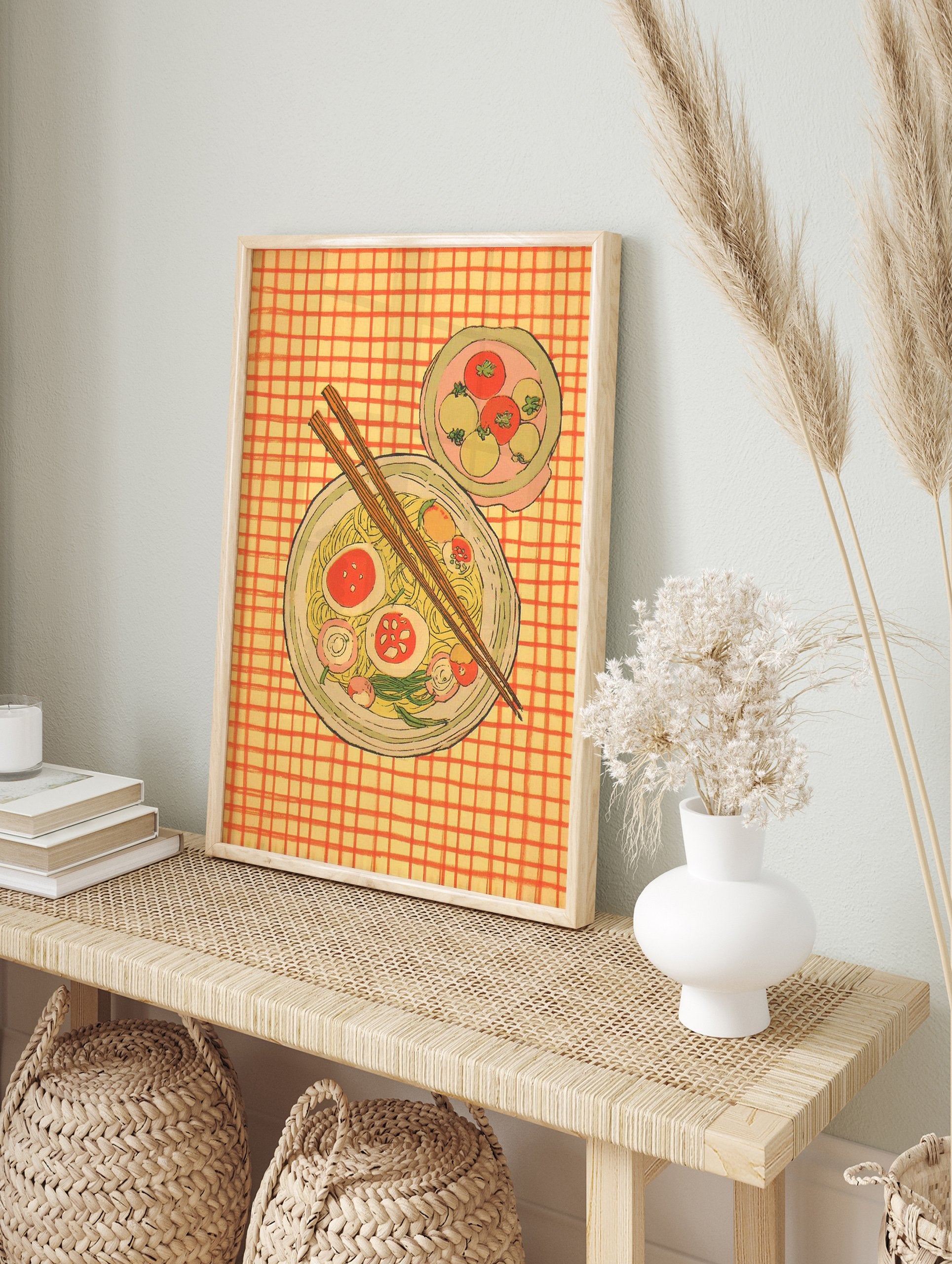 Illustrative ramen noodle bowl wall art with chopsticks, eggs, and vegetables on a yellow and orange checkered background. - Image 3