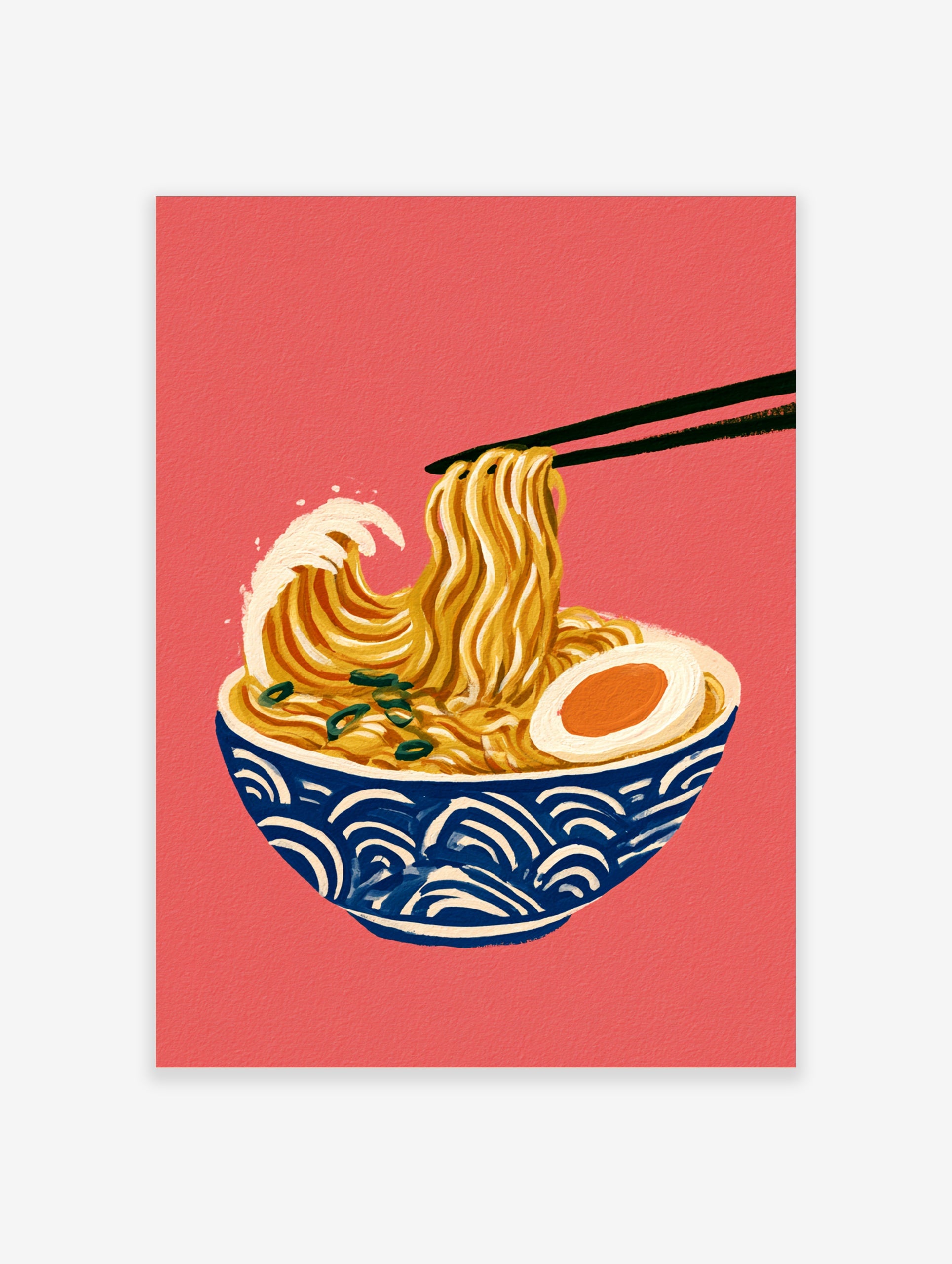 Illustration of ramen noodles styled like the Great Wave in a blue bowl on a red background