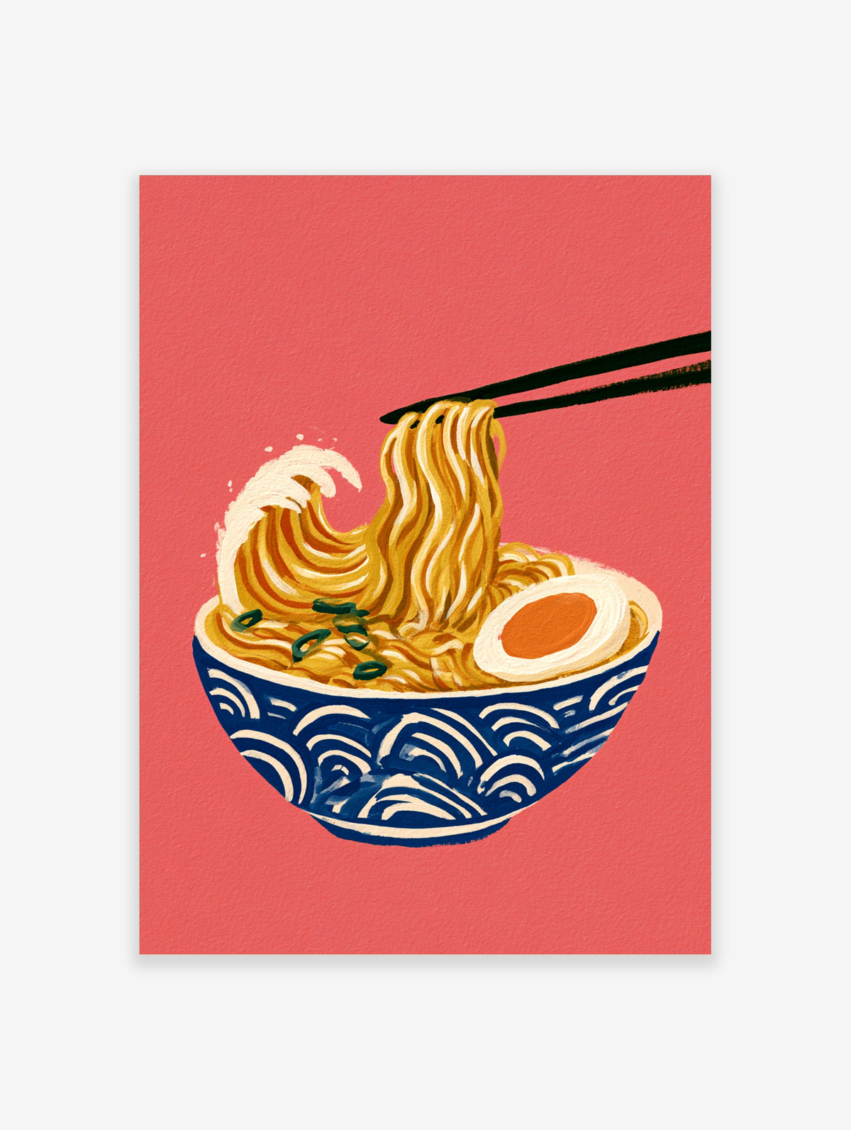 Illustration of ramen noodles styled like the Great Wave in a blue bowl on a red background