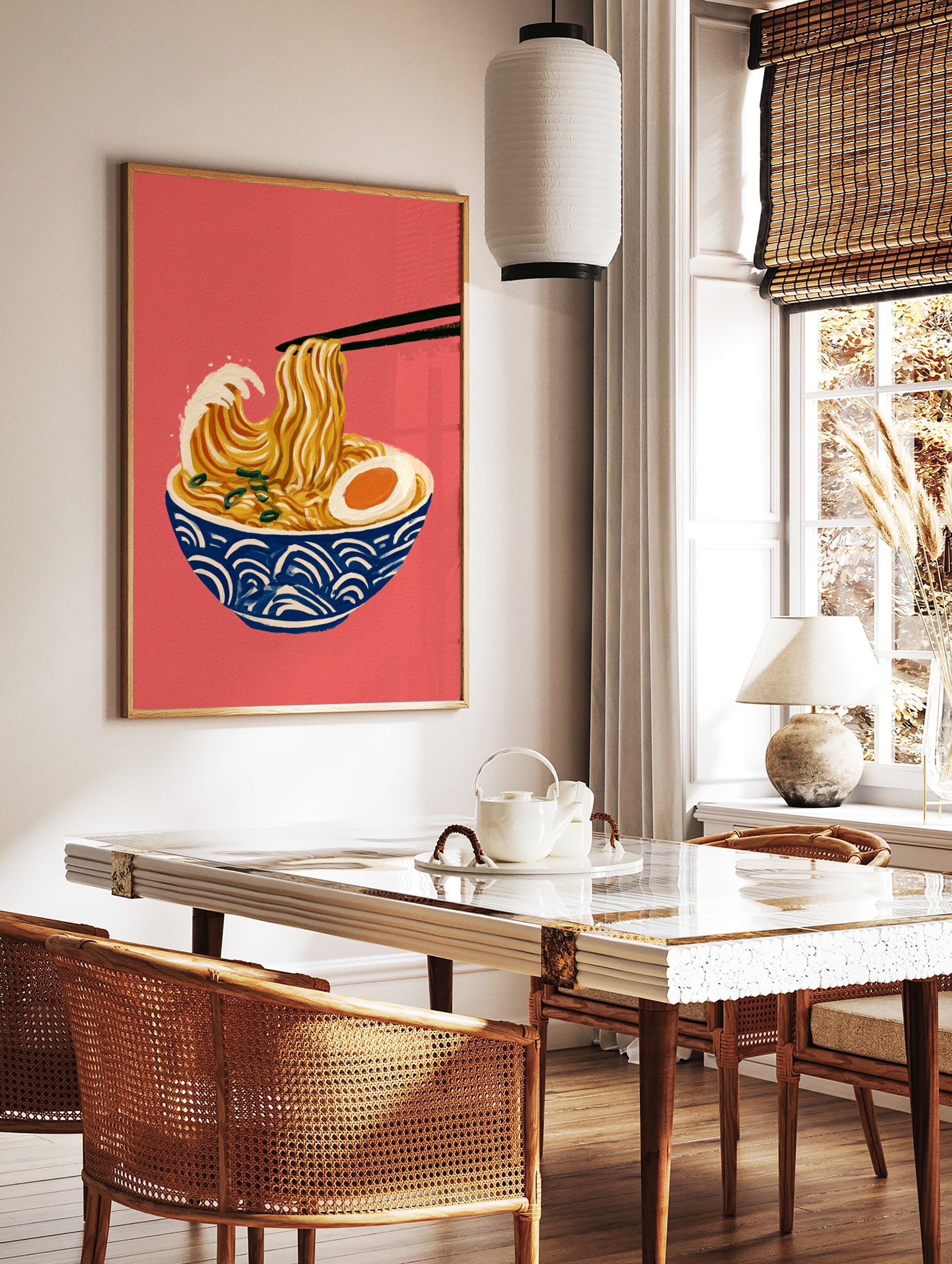 Illustration of ramen noodles styled like the Great Wave in a blue bowl on a red background, in a styled room mockup