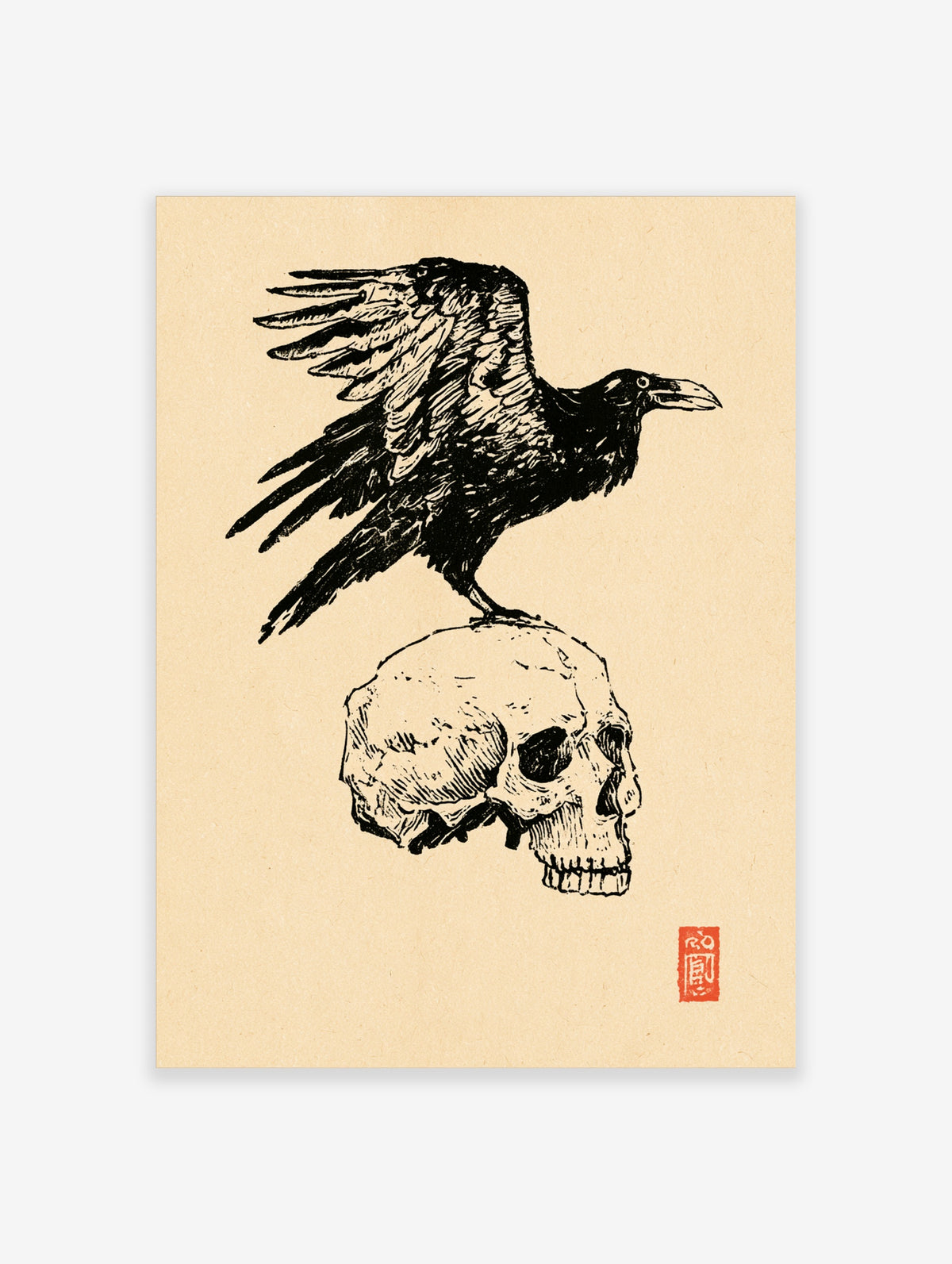 Black ink raven perched on a human skull with a red seal stamp on beige background