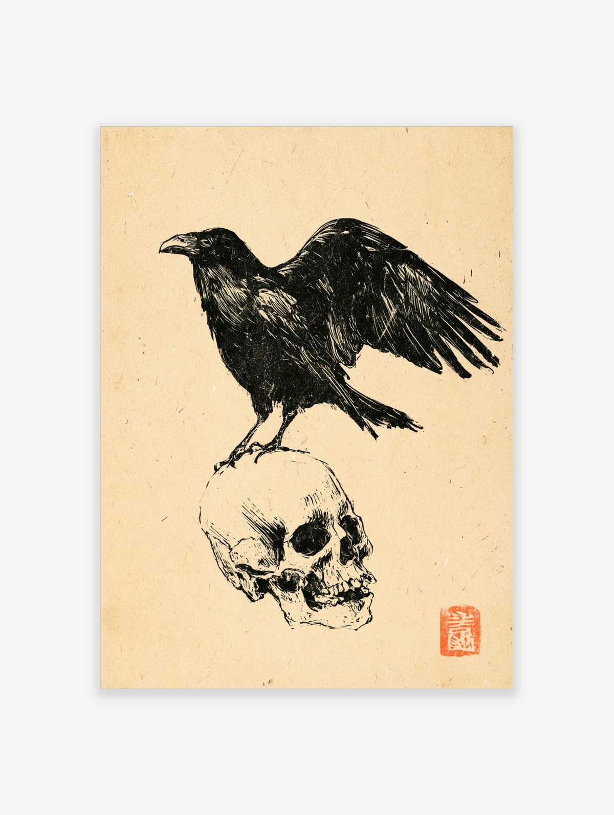 Black raven standing on a human skull ink illustration on tan paper with red seal