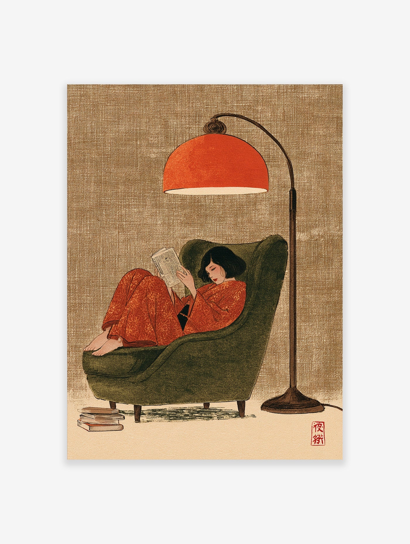 Illustrative art print of a woman in a red robe reading in a green armchair under a large orange floor lamp