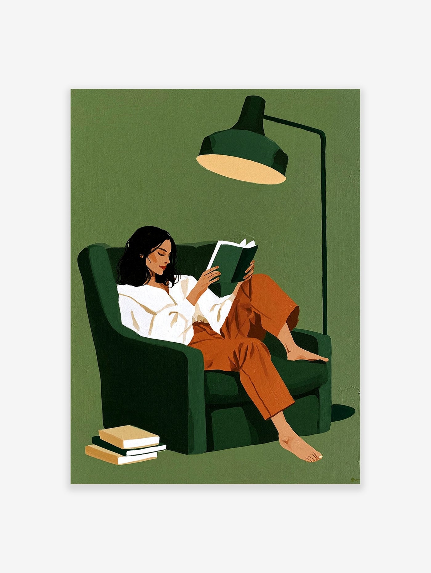 Minimalist illustration of a woman reading in a green armchair under a floor lamp with books on the floor