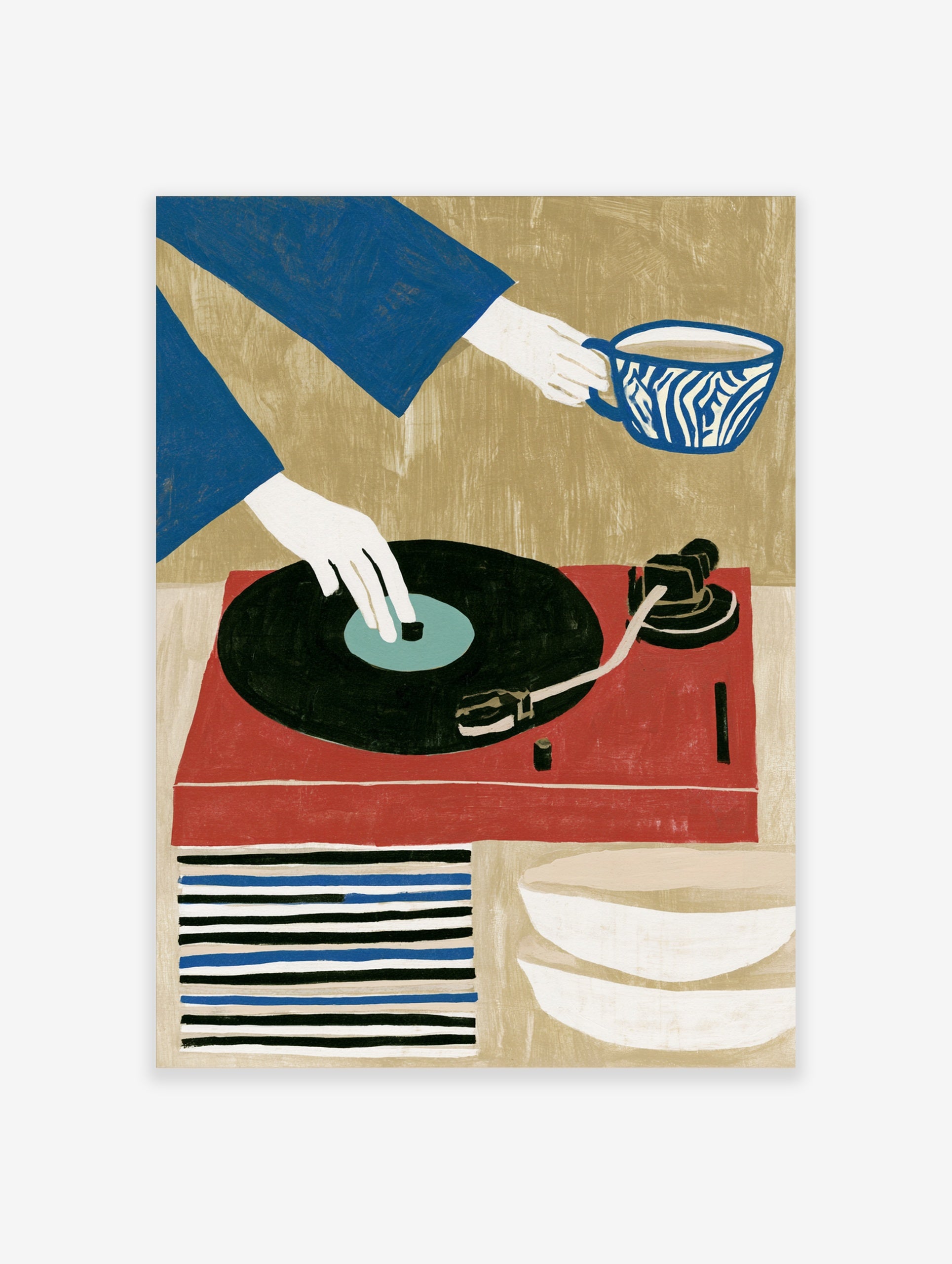 Graphic illustration of a hand on a vinyl record player and a person holding a patterned cup