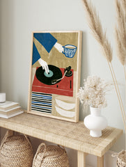 Graphic illustration of a hand on a vinyl record player and a person holding a patterned cup, in an alternate framed mockup