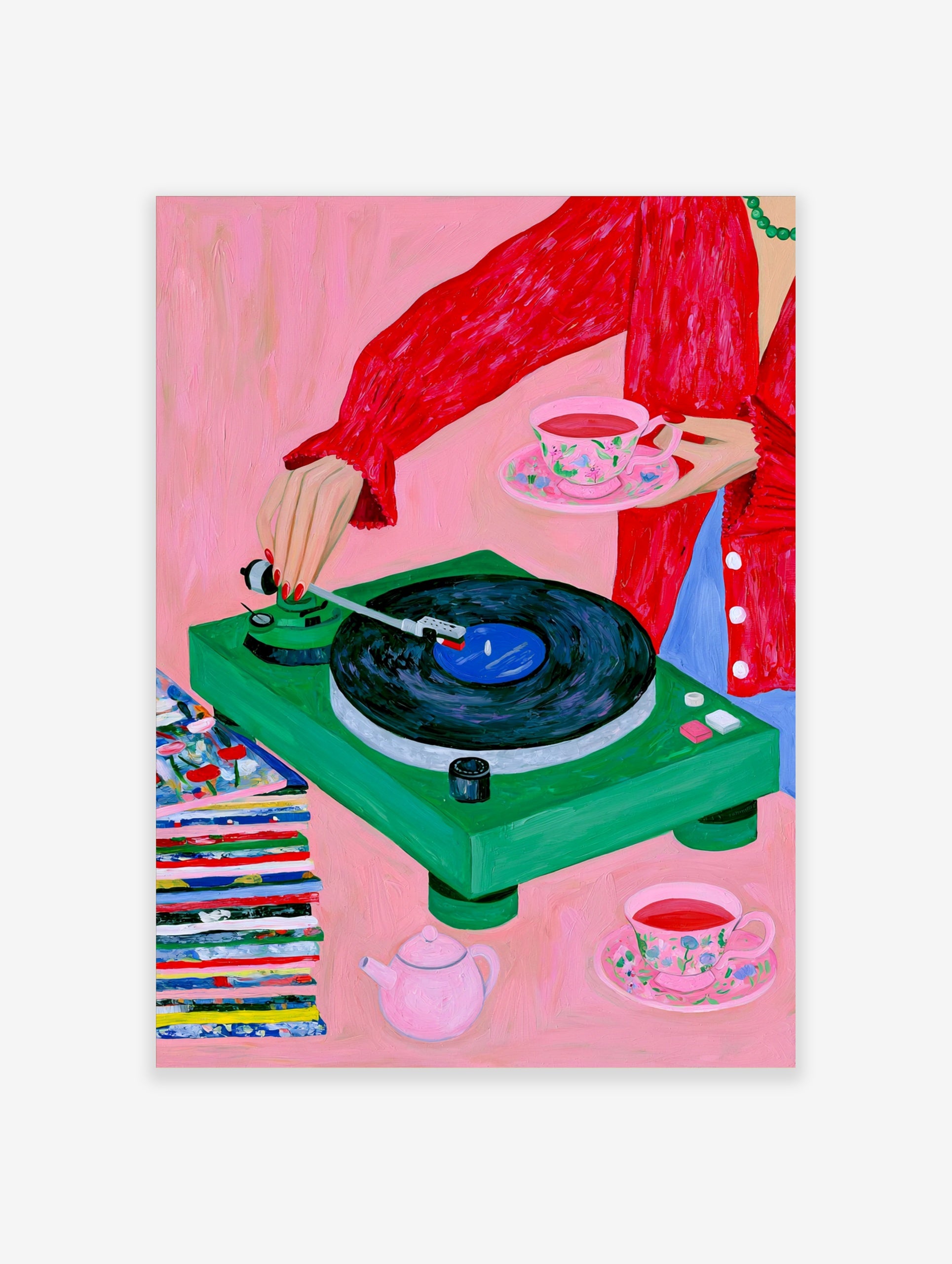 Vivid illustration of a person with a green record player, floral teacup, and vinyl stack