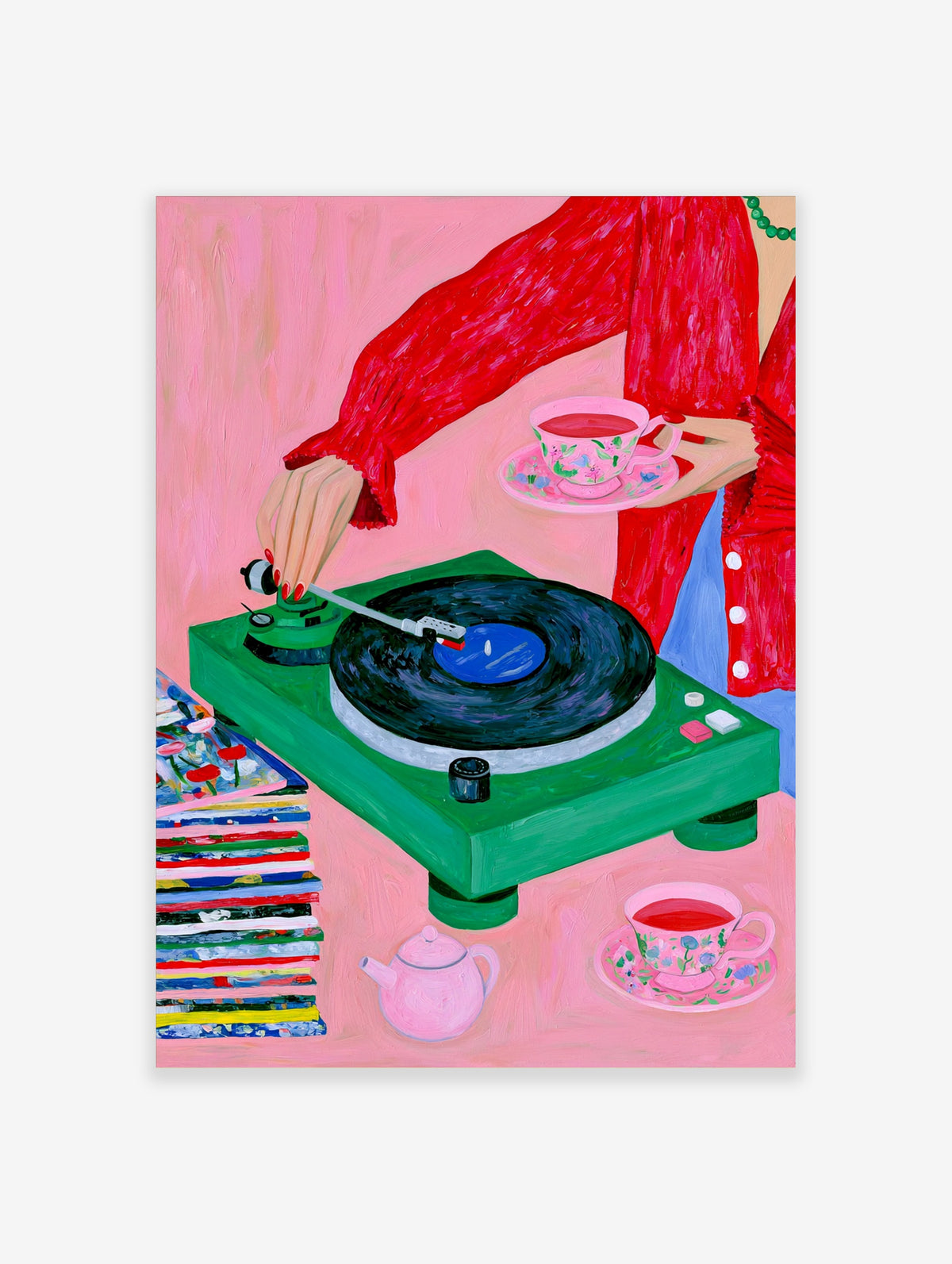 Vivid illustration of a person with a green record player, floral teacup, and vinyl stack