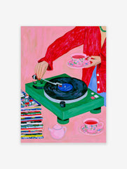 Vivid illustration of a person with a green record player, floral teacup, and vinyl stack