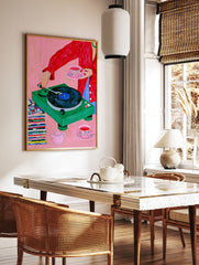 Vivid illustration of a person with a green record player, floral teacup, and vinyl stack, in a styled room mockup