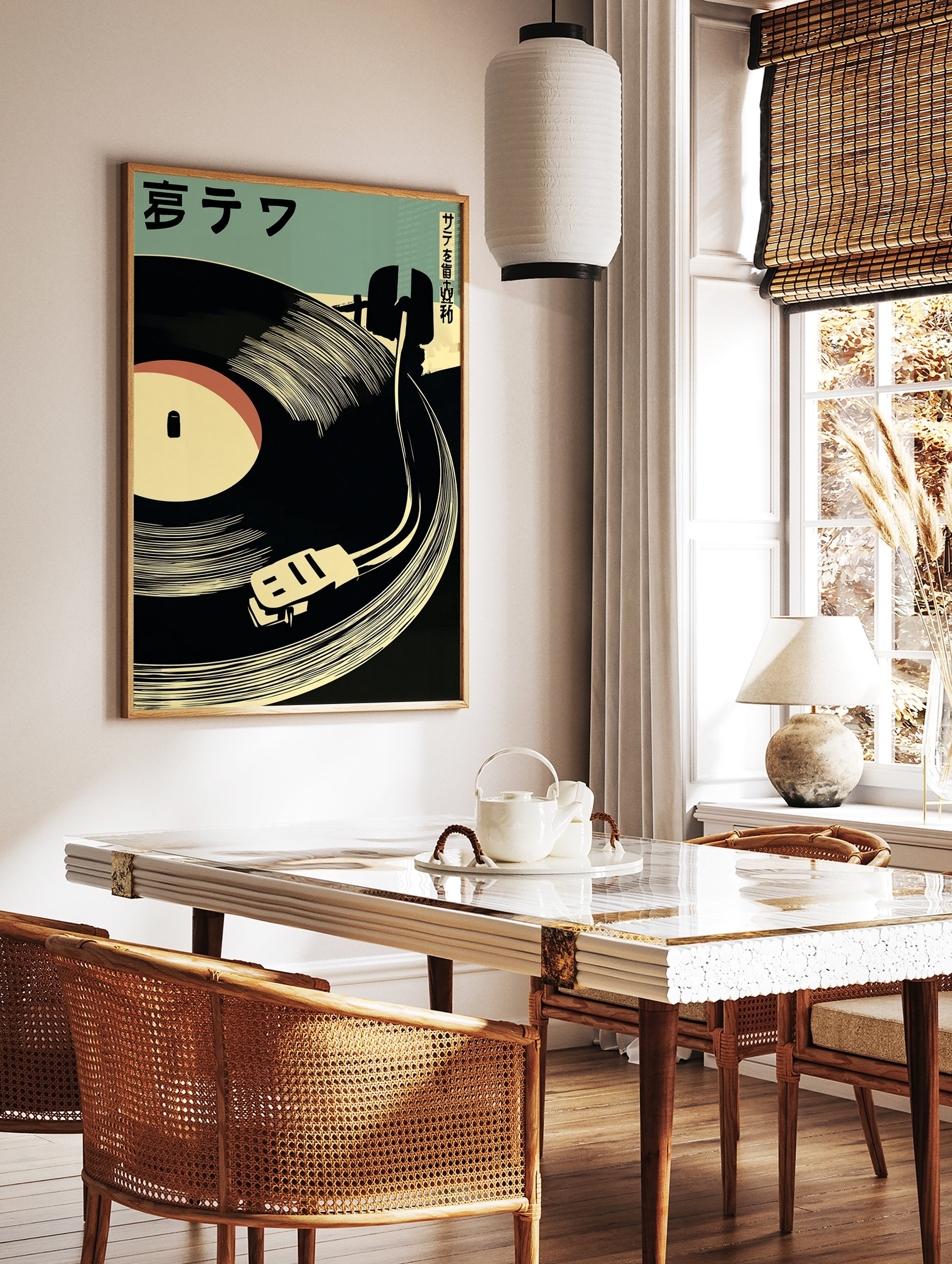Minimalist record player poster with black vinyl, cream turntable, and Japanese text on a green background. - Image 2