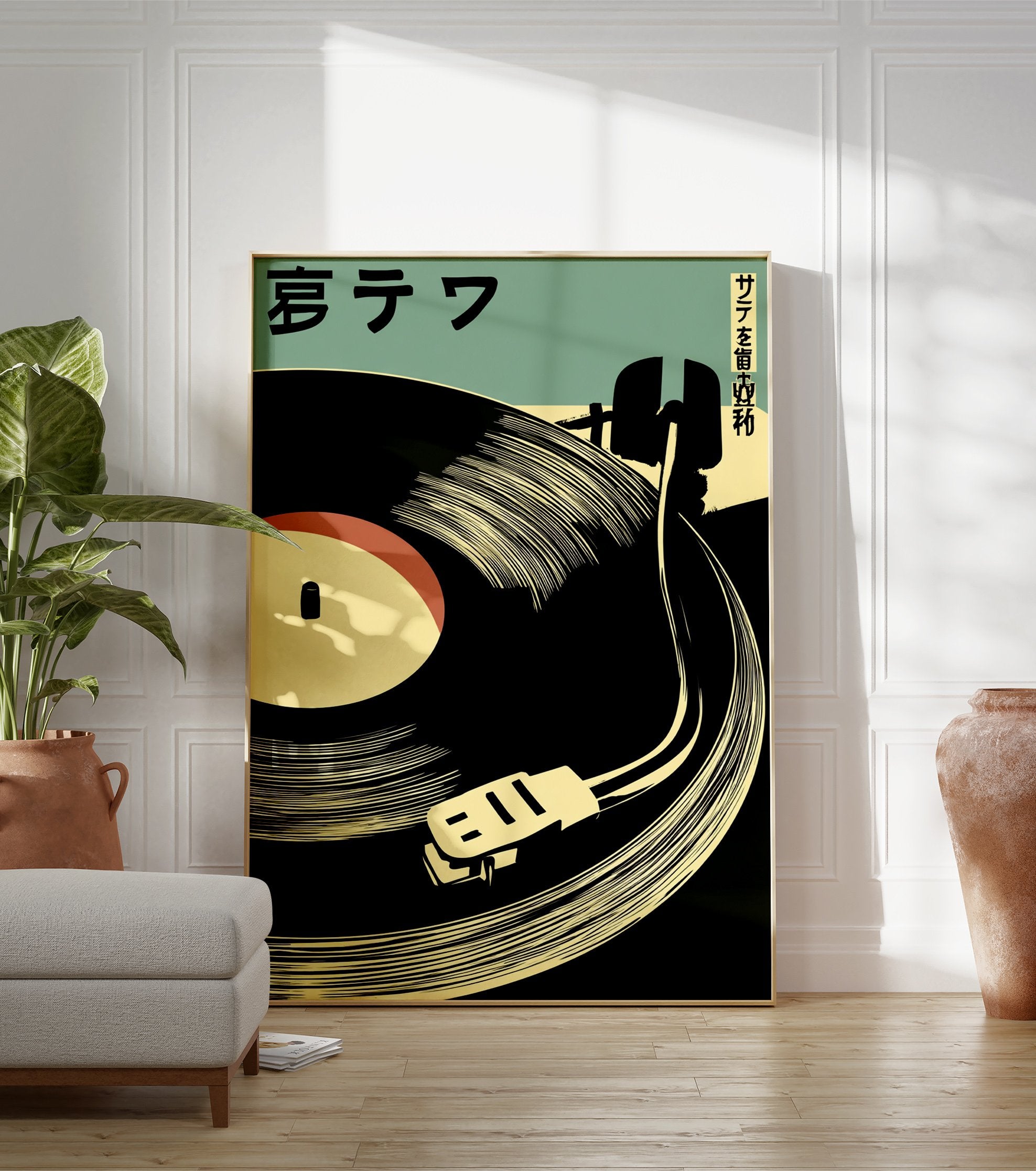 Minimalist record player poster with black vinyl, cream turntable, and Japanese text on a green background. - Image 3