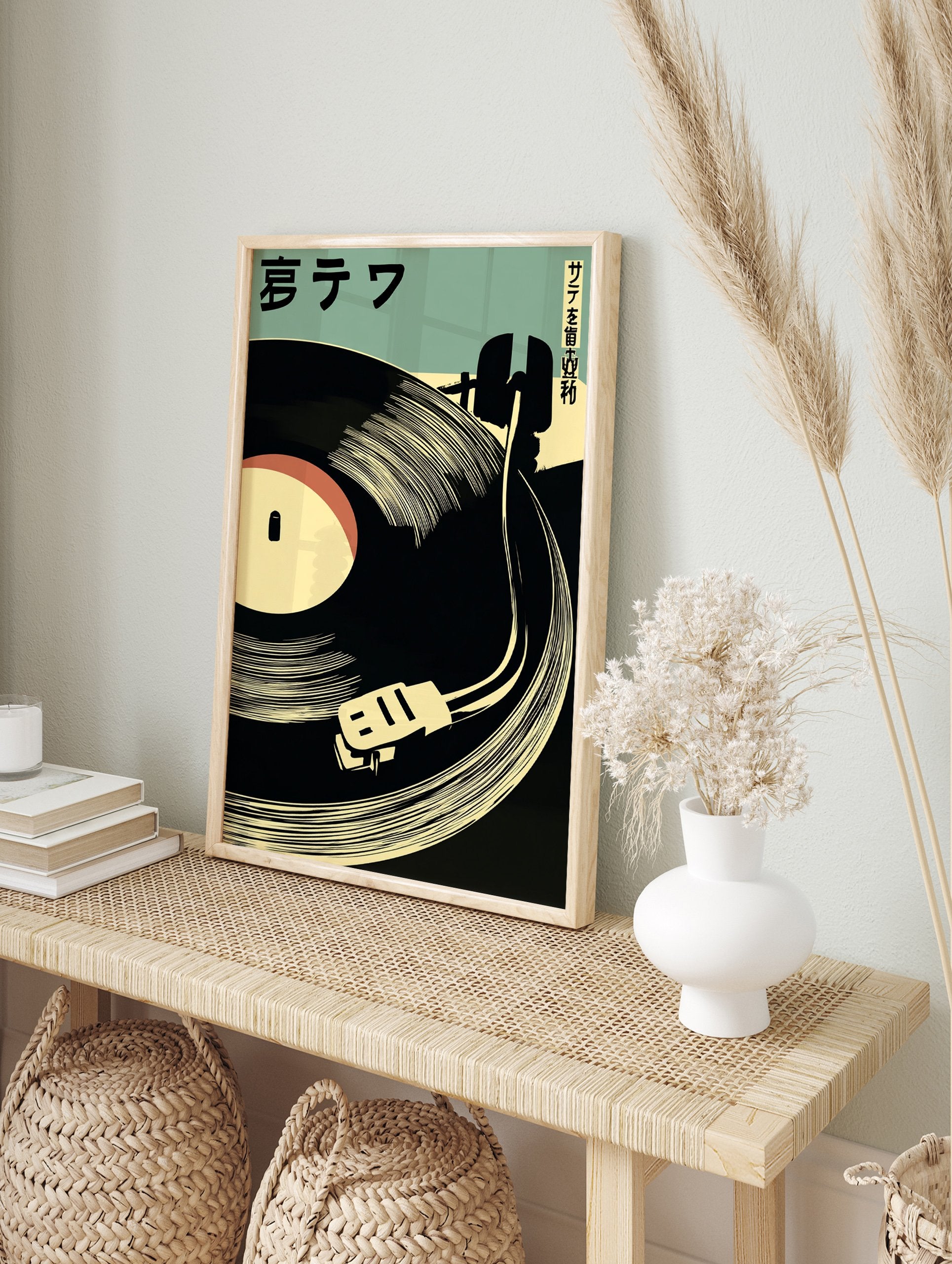 Minimalist record player poster with black vinyl, cream turntable, and Japanese text on a green background. - Image 4