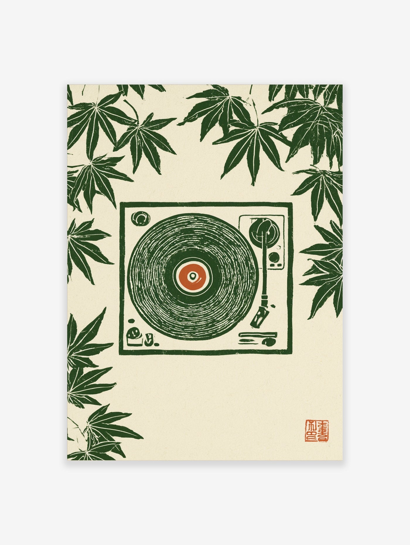 Illustrative green record player wall art with maple leaves on cream background