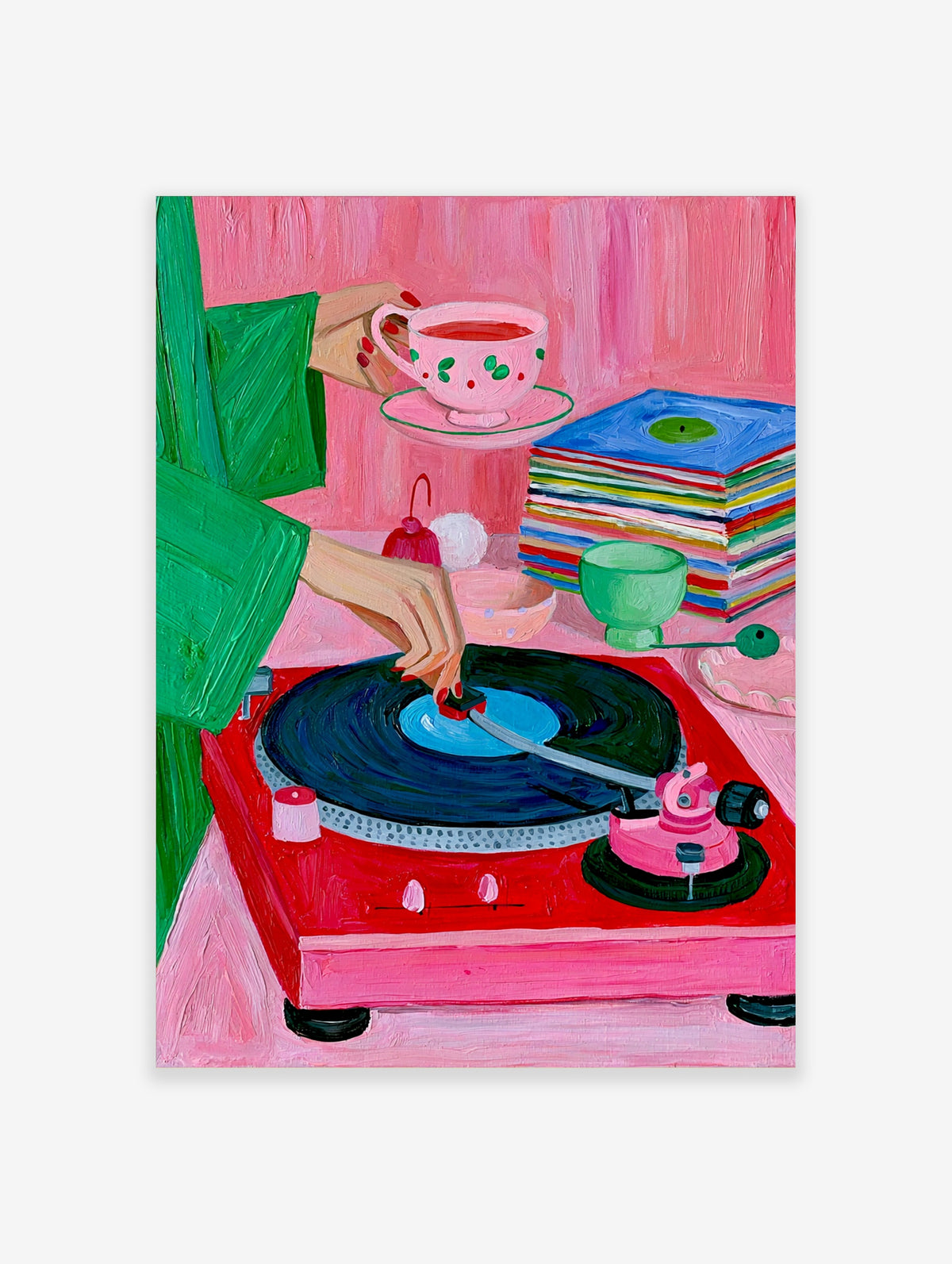 A vibrant painterly illustration of a red record player, a stack of vinyls, and a hand holding a teacup on a pink background