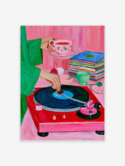 A vibrant painterly illustration of a red record player, a stack of vinyls, and a hand holding a teacup on a pink background