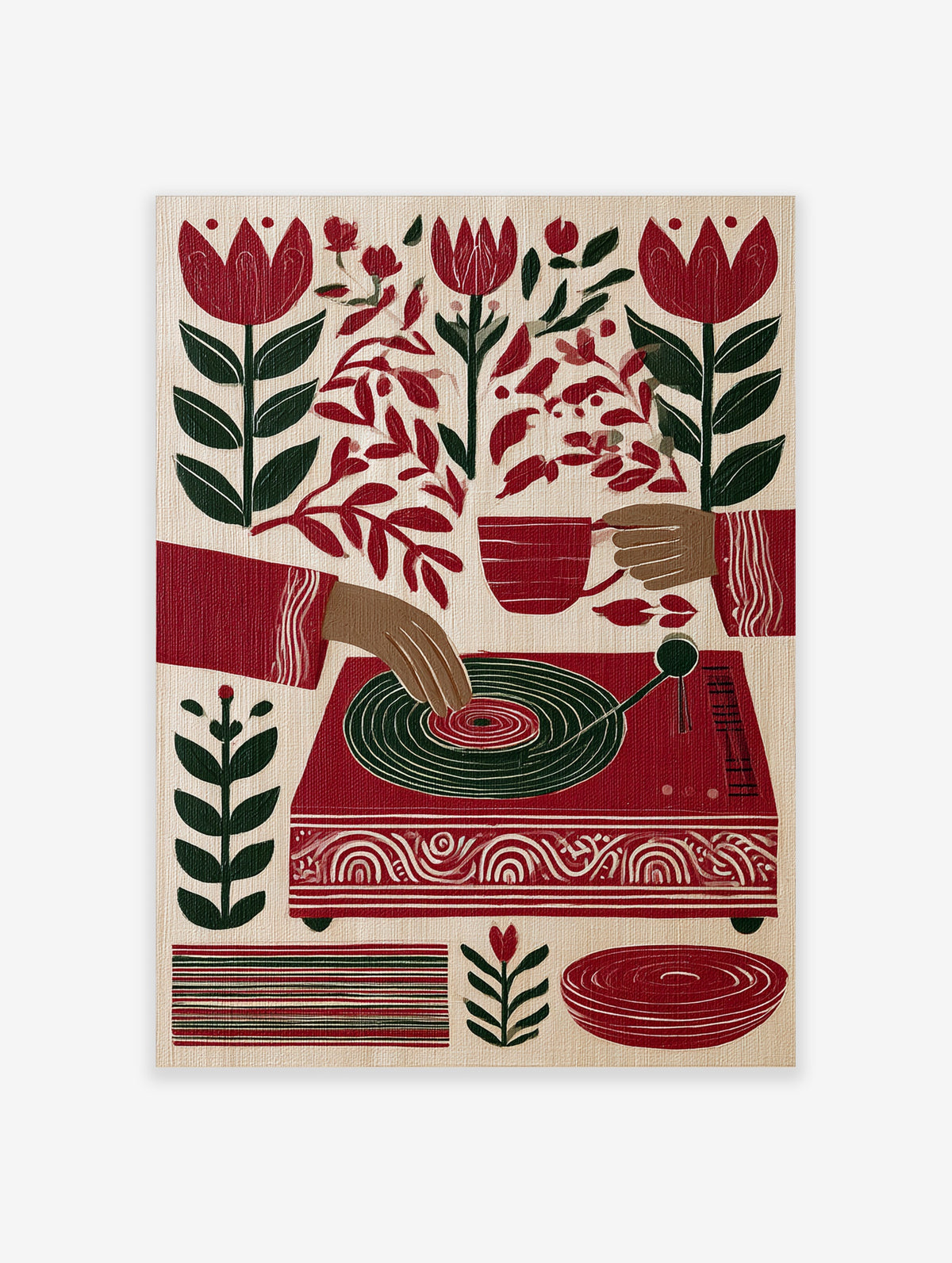 Illustration of hands playing a record player with red tulips and botanical leaves on a cream background