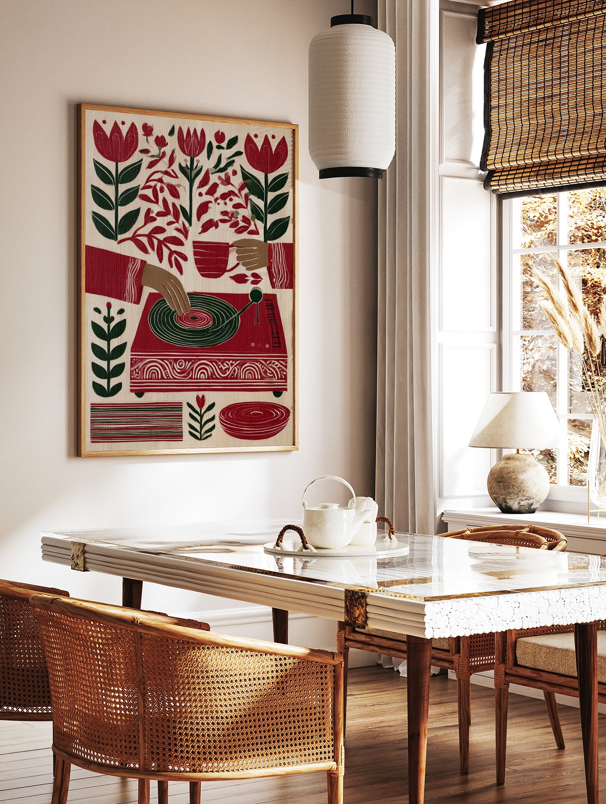 Illustration of hands playing a record player with red tulips and botanical leaves on a cream, in a styled room mockup
