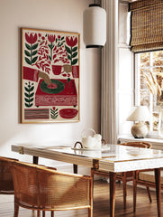 Illustration of hands playing a record player with red tulips and botanical leaves on a cream, in a styled room mockup