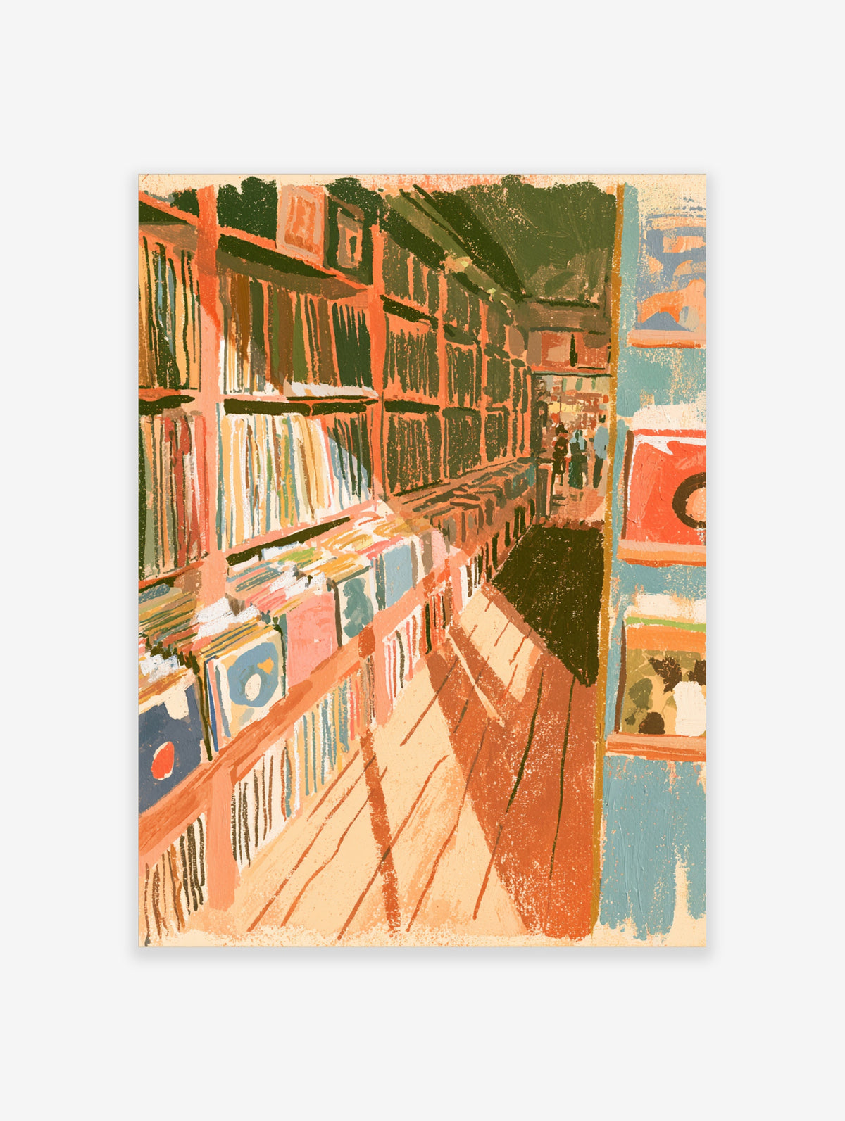 Colourful record store poster with wooden shelves of vinyl records, blue wall, and shoppers browsing