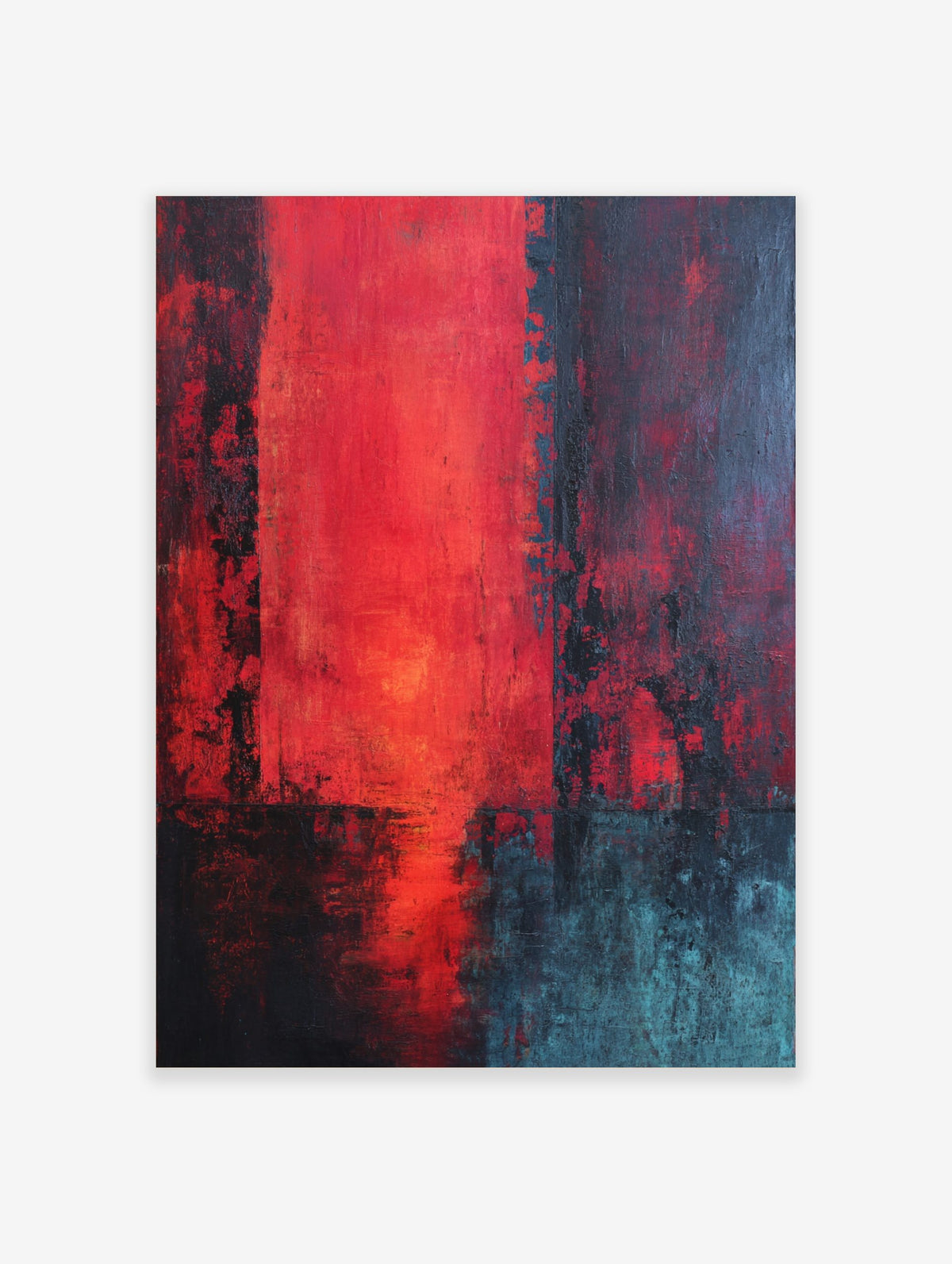 Abstract art print with vibrant red central block, distressed black, and teal accents, vertical orientation