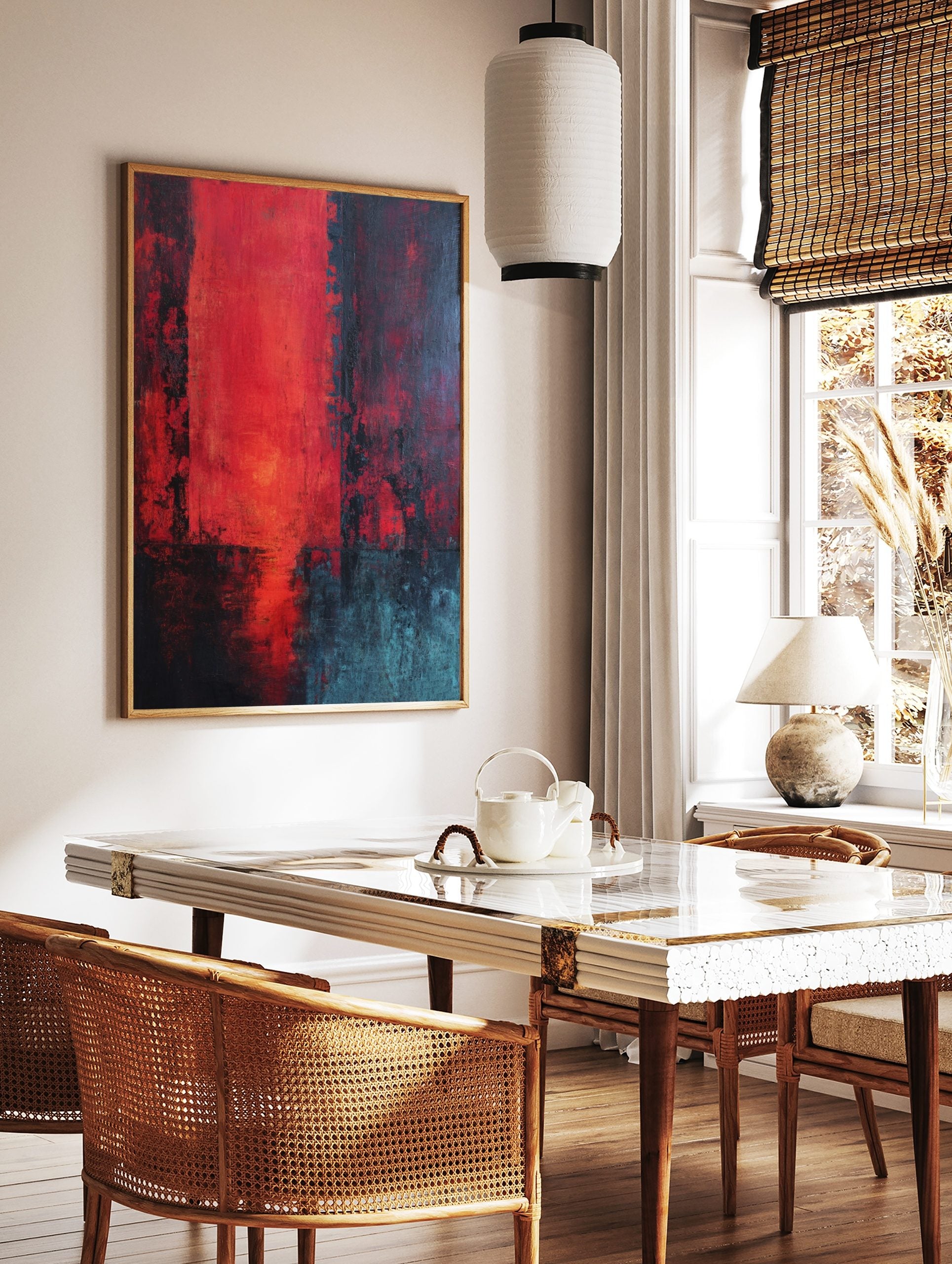 Abstract art print with vibrant red central block, distressed black, and teal accents, vertical, in a styled room mockup