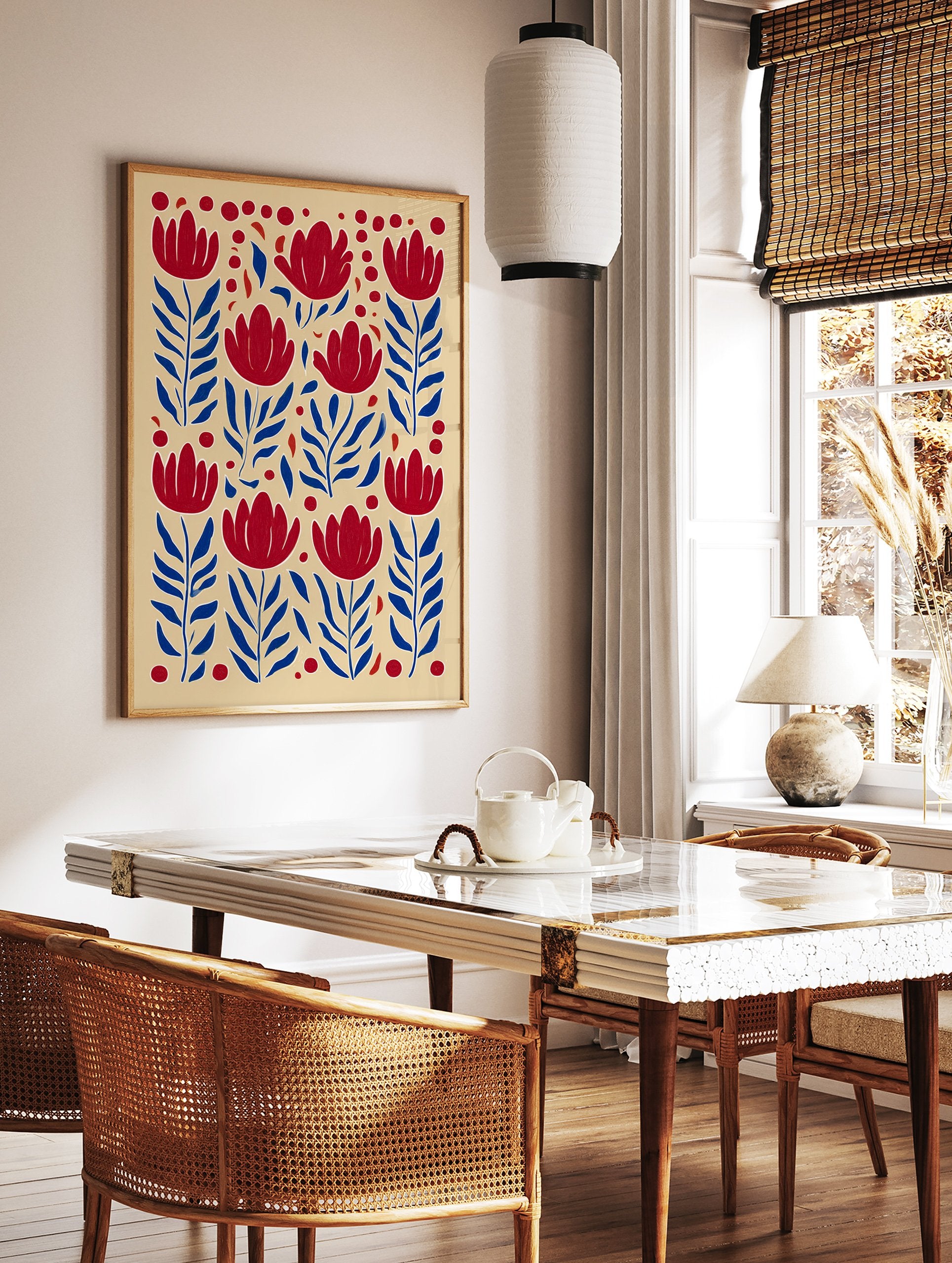 Red and blue floral pattern botanical illustration wall art print with stylized flowers and leaves on a beige background. - Image 2