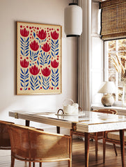 Red and blue floral pattern botanical illustration wall art print with stylized flowers and leaves on a beige background. - Image 2