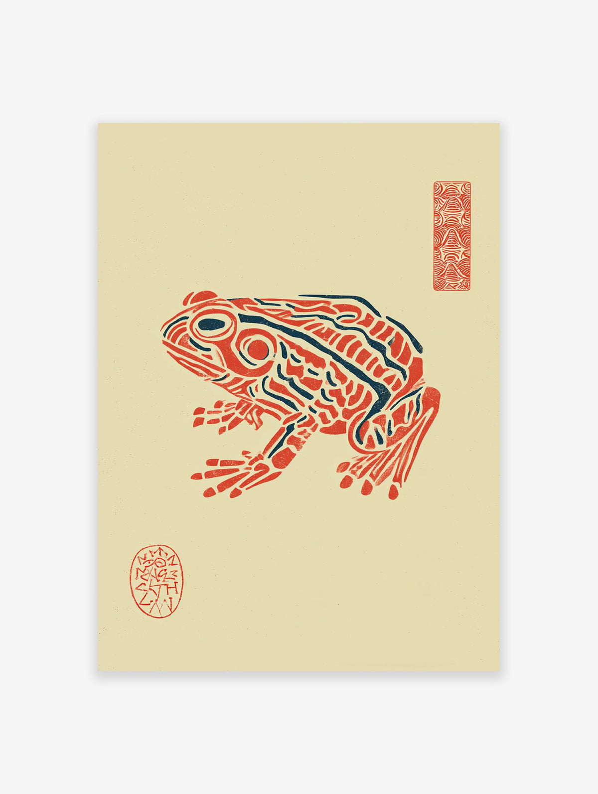 Red and blue stylized frog illustration art print with Japanese-style seals on a light yellow background.