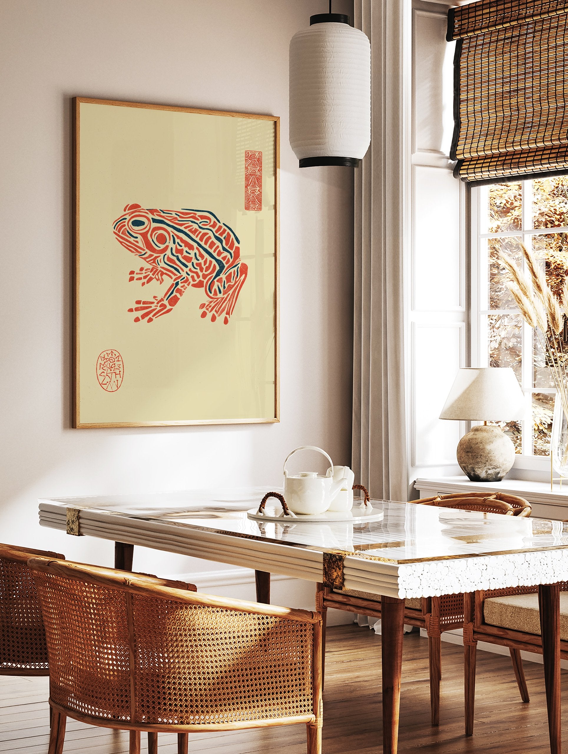 Red and blue stylized frog illustration art print with Japanese-style seals on a light yellow background. - Image 2