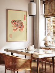 Red and blue stylized frog illustration art print with Japanese-style seals on a light yellow background. - Image 2