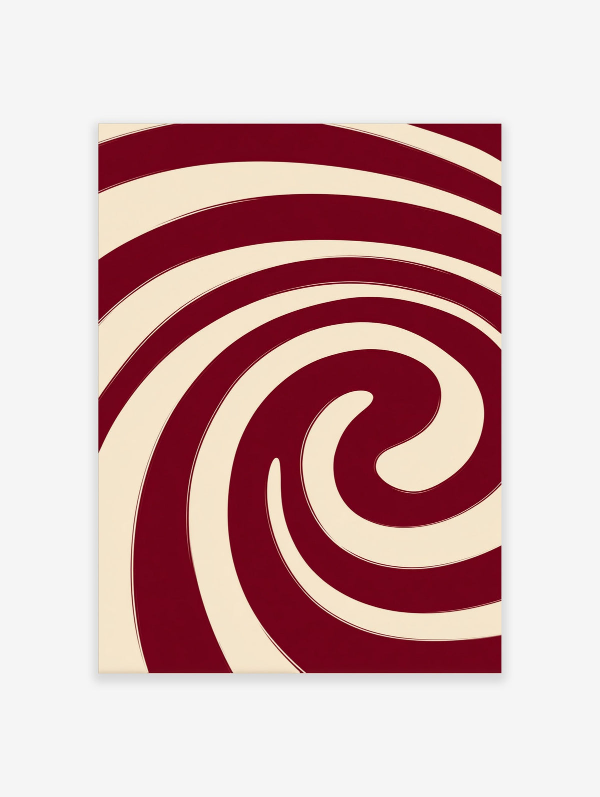 Abstract red and cream spiral wall art with bold, swirling lines and a hypnotic composition