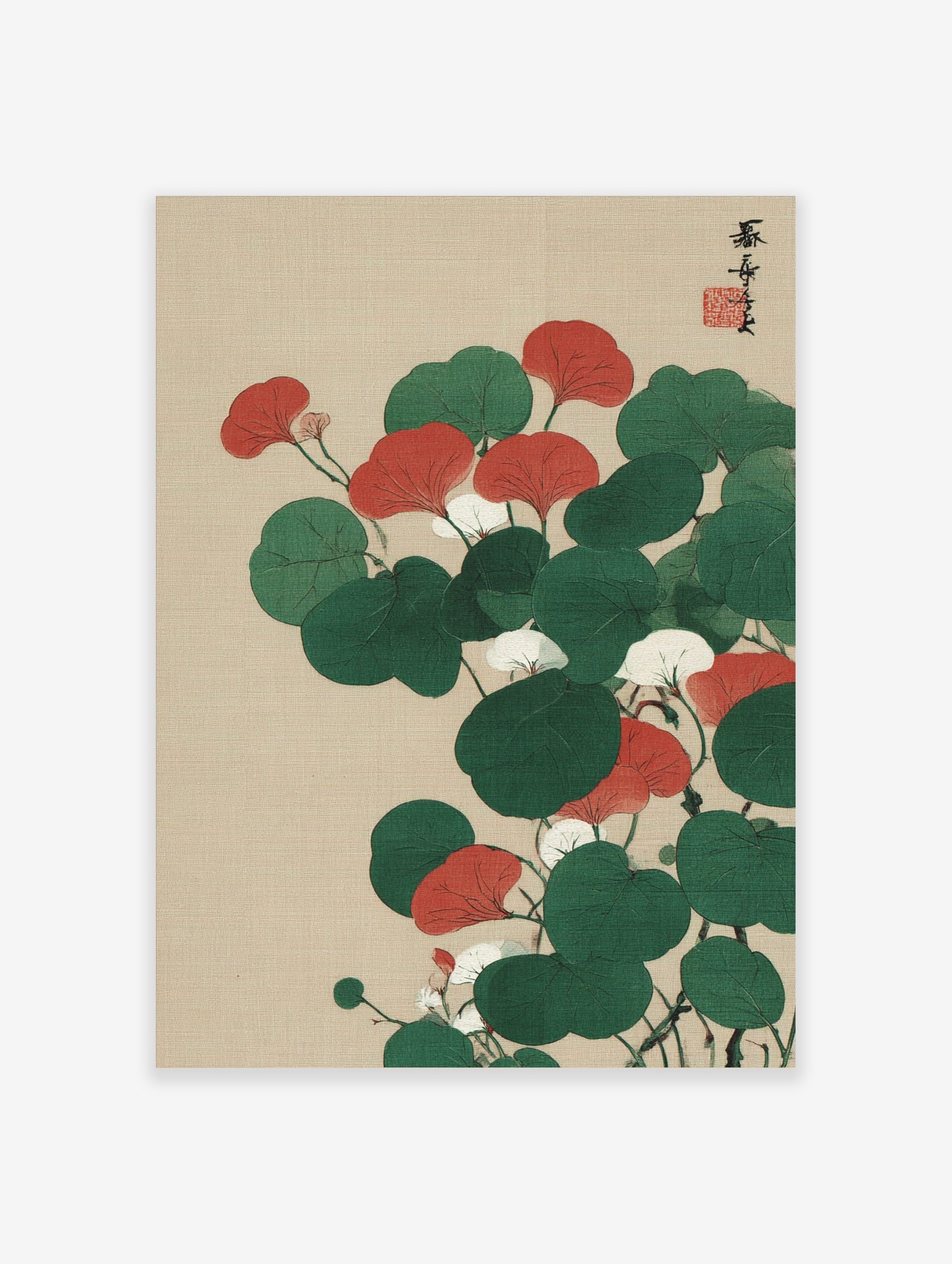 Red and green botanical illustration with white flowers and Japanese calligraphy on a beige background