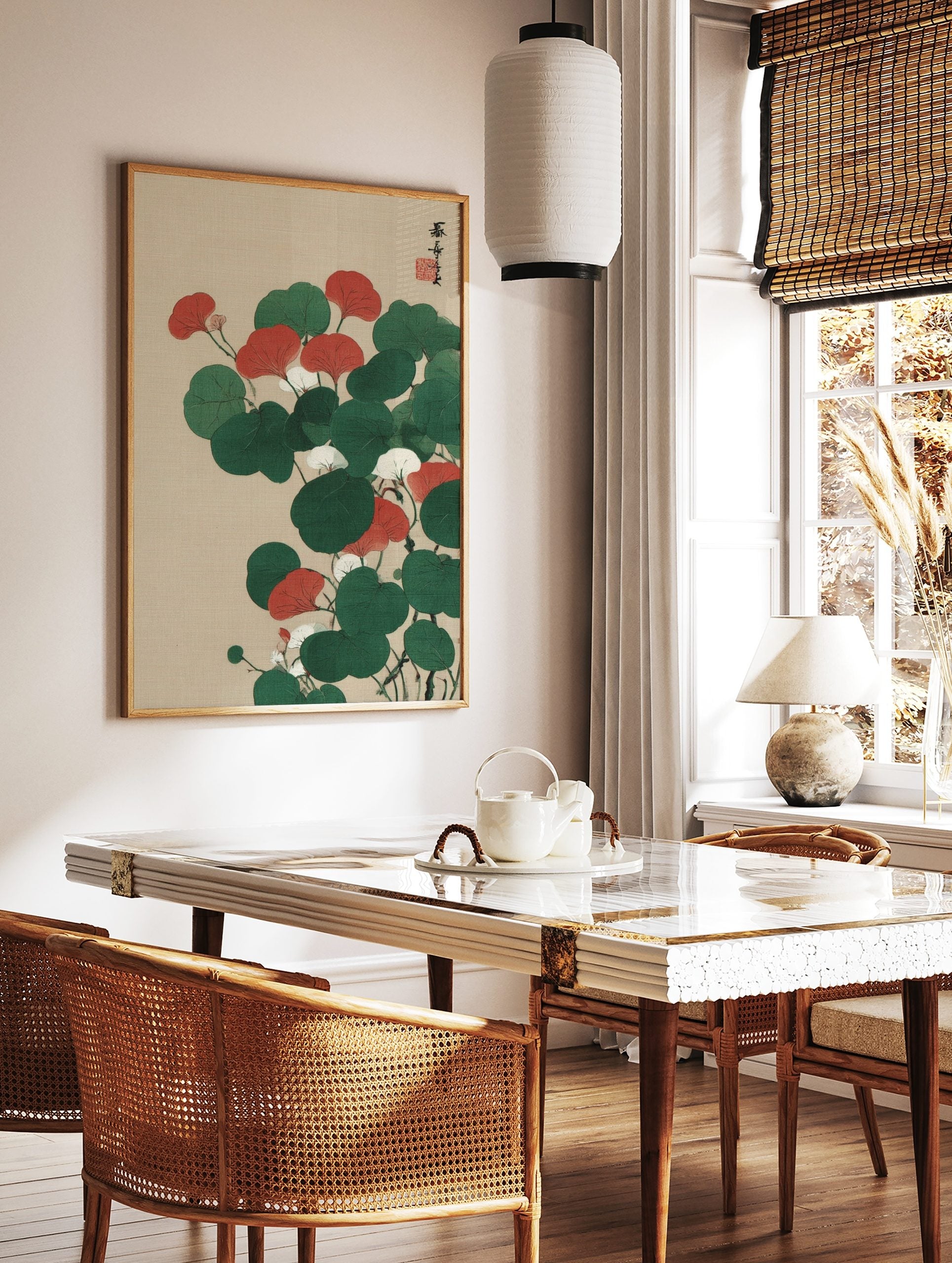 Red and green botanical illustration with white flowers and Japanese calligraphy on a beige, in a styled room mockup