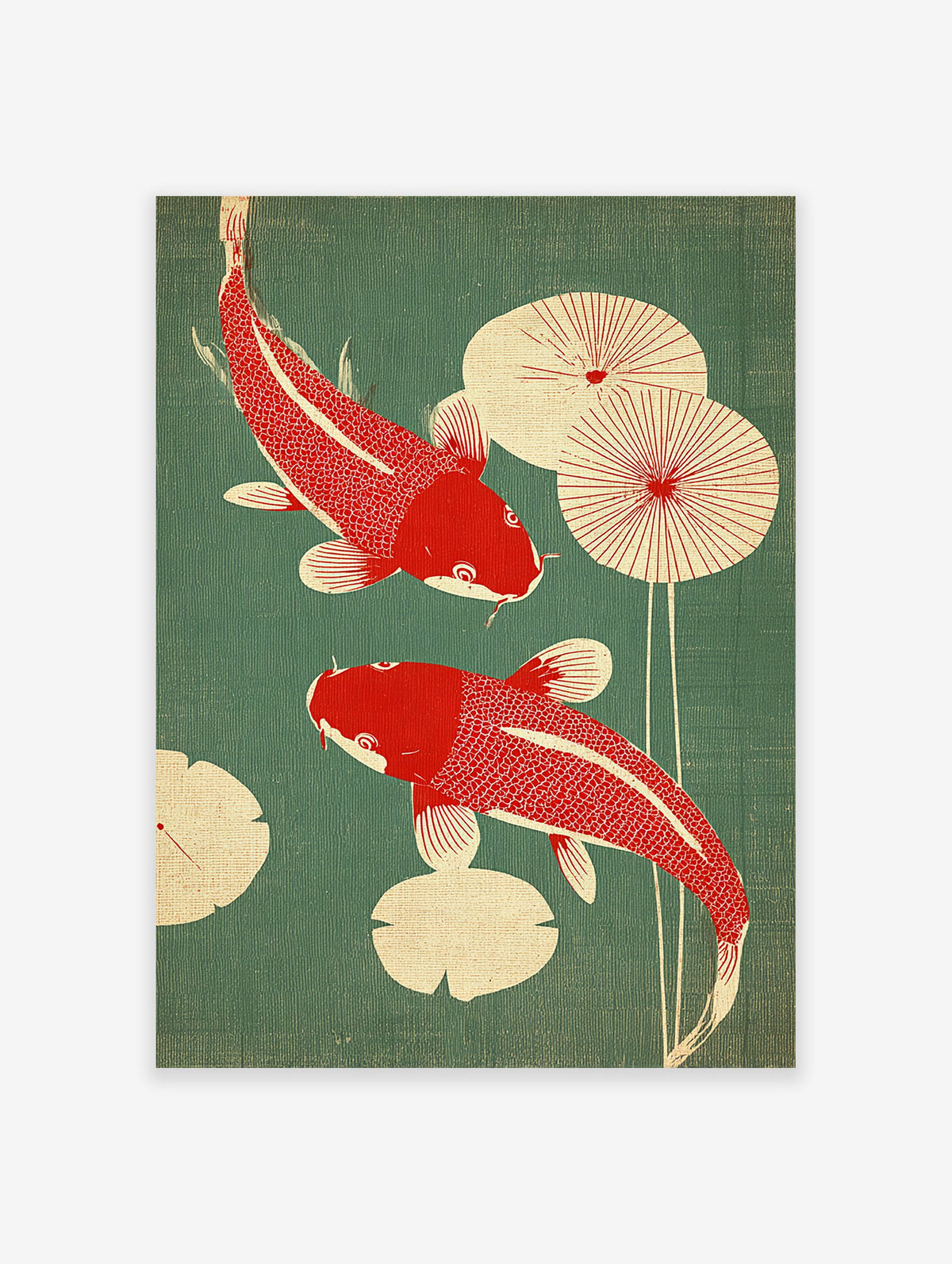 Red and green Japanese koi fish poster with two koi swimming among lily pads on a textured green background.