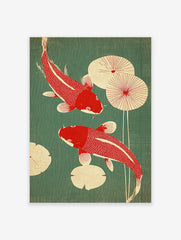 Red and green Japanese koi fish poster with two koi swimming among lily pads on a textured green background.