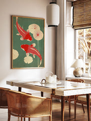 Red and green Japanese koi fish poster with two koi swimming among lily pads on a textured green background. - Image 2
