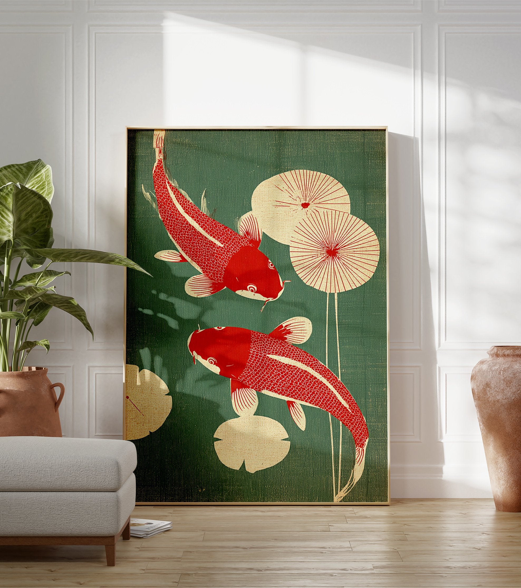 Red and green Japanese koi fish poster with two koi swimming among lily pads on a textured green background. - Image 3