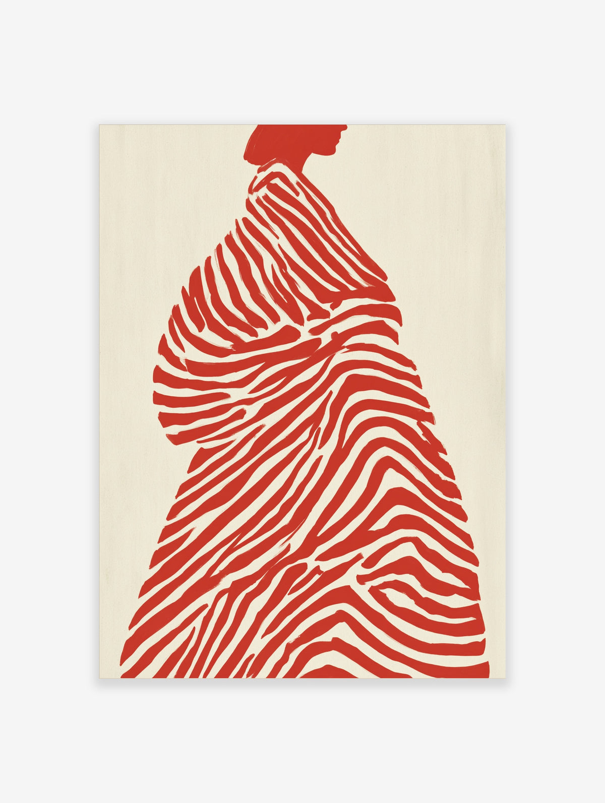 Red abstract figure poster with zebra stripes on cream background, woman silhouette profile